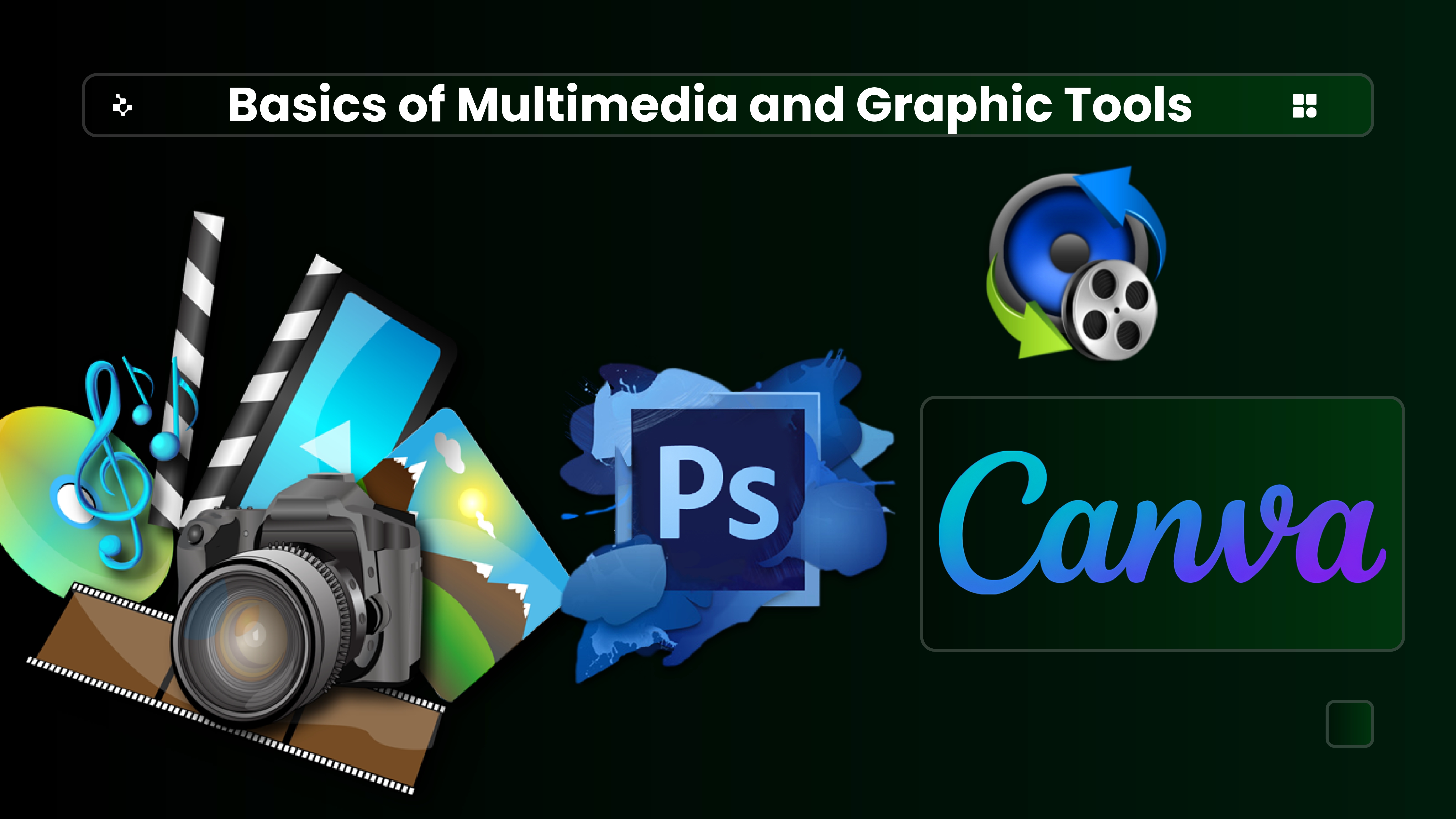 Infographic showing a slideshow screen, presentation slides, and MS PowerPoint logo with neon orange highlights on a dark background